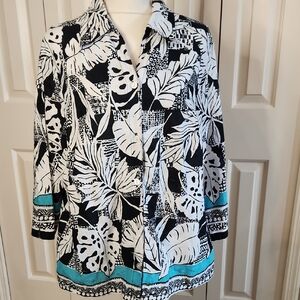 Alfred Dunner Black and White Leaf Print Blouse with Turquoise Accents